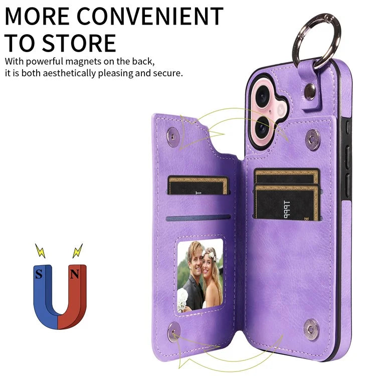 003 For iPhone 16 Case Card Slots Leather Phone Cover Double Magnetic Clasp, Ring Buckle