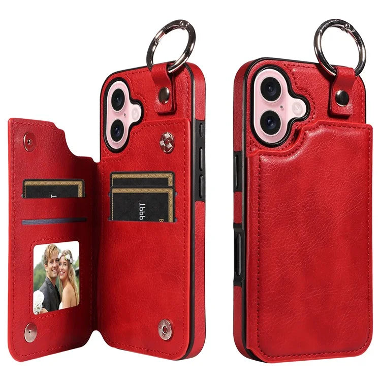 003 For iPhone 16 Case Card Slots Leather Phone Cover Double Magnetic Clasp, Ring Buckle