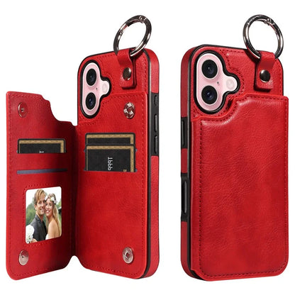 003 For iPhone 16 Case Card Slots Leather Phone Cover Double Magnetic Clasp, Ring Buckle