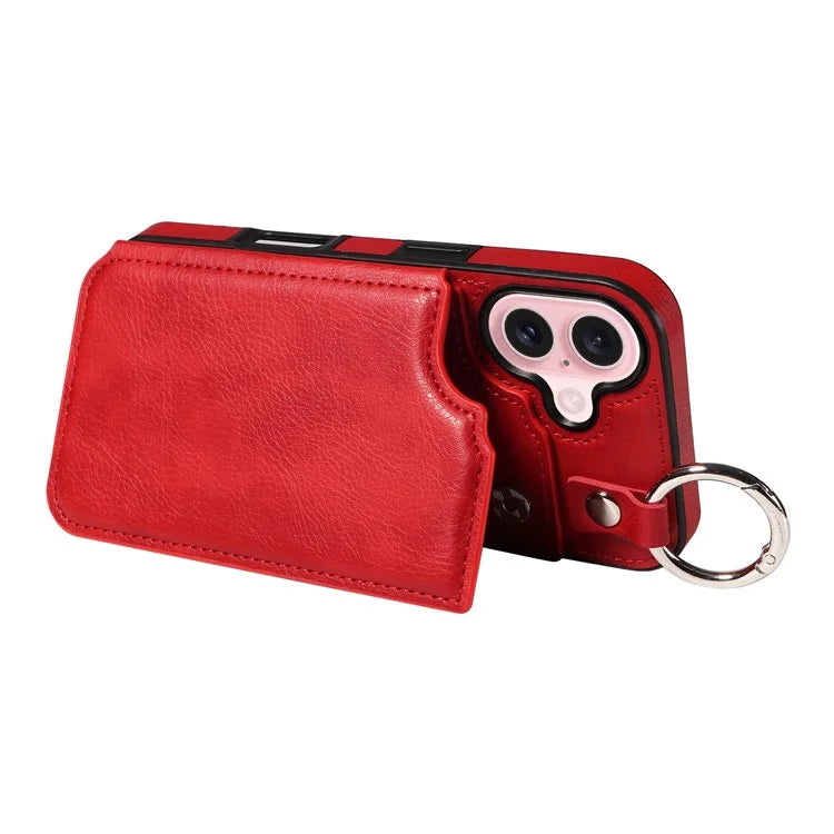 003 For iPhone 16 Case Card Slots Leather Phone Cover Double Magnetic Clasp, Ring Buckle