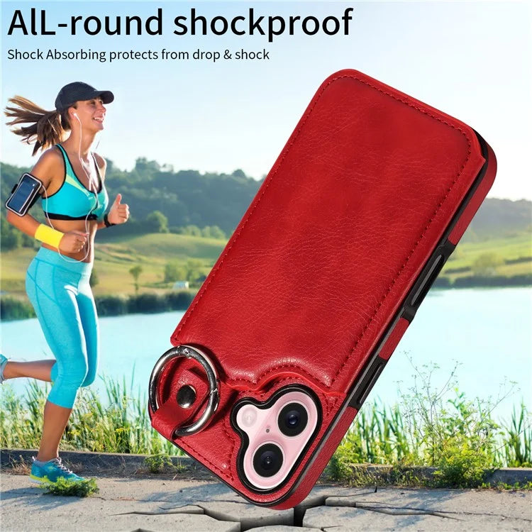 003 For iPhone 16 Case Card Slots Leather Phone Cover Double Magnetic Clasp, Ring Buckle