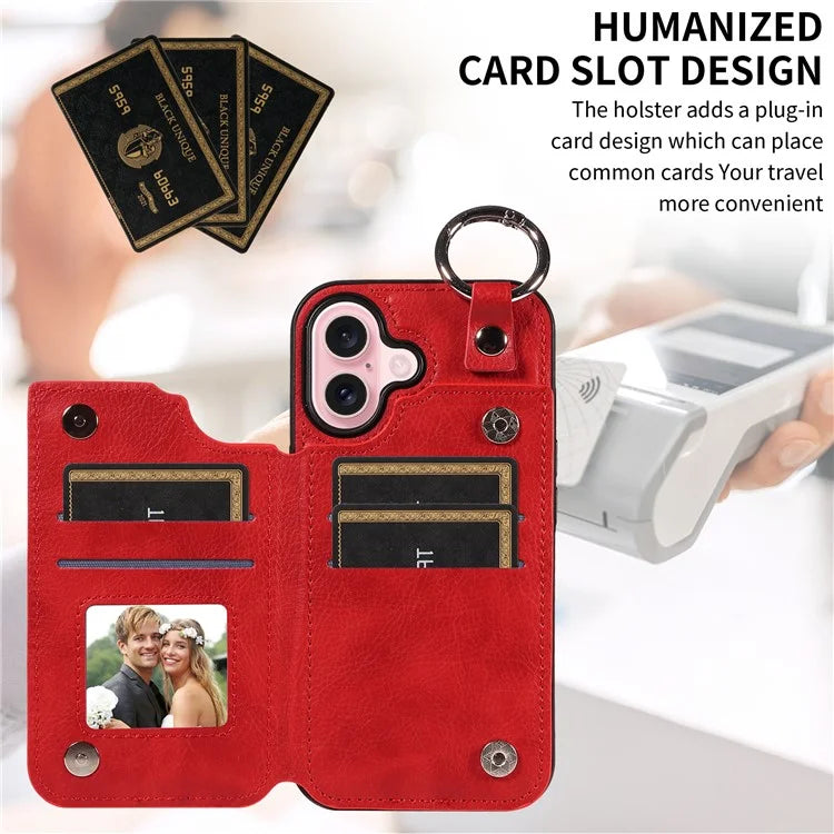 003 For iPhone 16 Case Card Slots Leather Phone Cover Double Magnetic Clasp, Ring Buckle