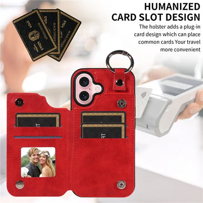 003 For iPhone 16 Case Card Slots Leather Phone Cover Double Magnetic Clasp, Ring Buckle