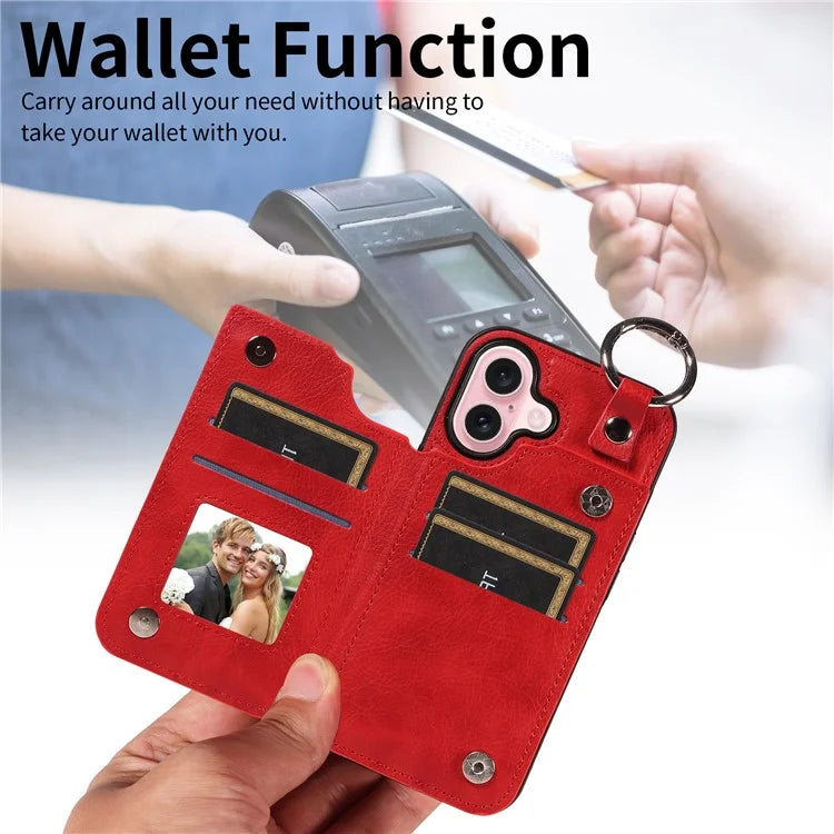 003 For iPhone 16 Case Card Slots Leather Phone Cover Double Magnetic Clasp, Ring Buckle