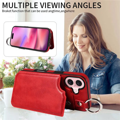 003 For iPhone 16 Case Card Slots Leather Phone Cover Double Magnetic Clasp, Ring Buckle