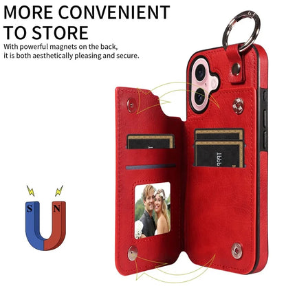 003 For iPhone 16 Case Card Slots Leather Phone Cover Double Magnetic Clasp, Ring Buckle