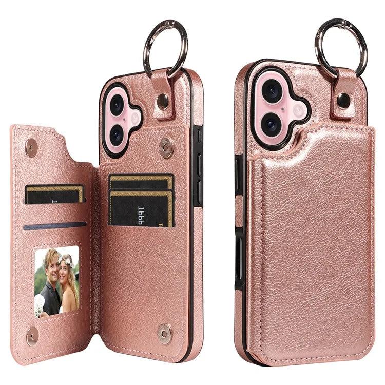 003 For iPhone 16 Case Card Slots Leather Phone Cover Double Magnetic Clasp, Ring Buckle
