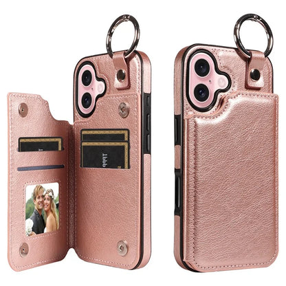 003 For iPhone 16 Case Card Slots Leather Phone Cover Double Magnetic Clasp, Ring Buckle