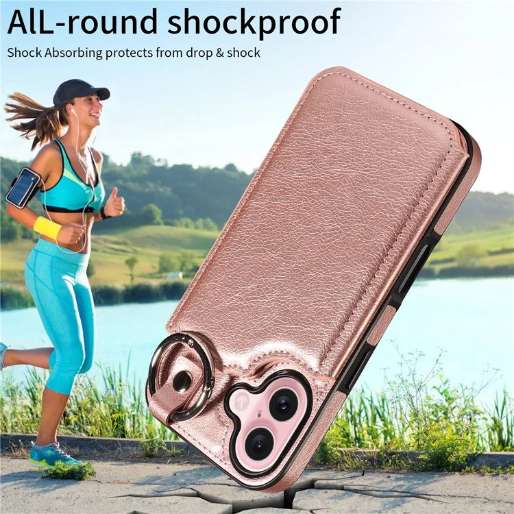 003 For iPhone 16 Case Card Slots Leather Phone Cover Double Magnetic Clasp, Ring Buckle