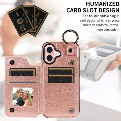 003 For iPhone 16 Case Card Slots Leather Phone Cover Double Magnetic Clasp, Ring Buckle