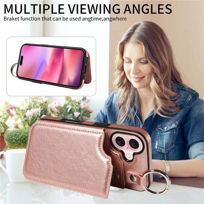 003 For iPhone 16 Case Card Slots Leather Phone Cover Double Magnetic Clasp, Ring Buckle