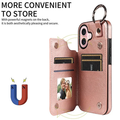 003 For iPhone 16 Case Card Slots Leather Phone Cover Double Magnetic Clasp, Ring Buckle