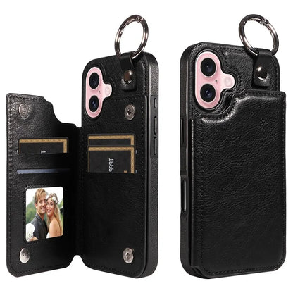 003 For iPhone 16 Case Card Slots Leather Phone Cover Double Magnetic Clasp, Ring Buckle