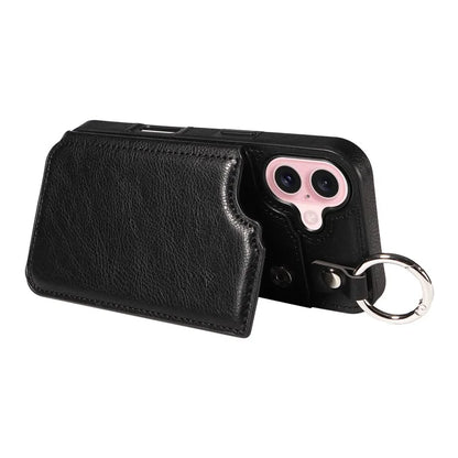 003 For iPhone 16 Case Card Slots Leather Phone Cover Double Magnetic Clasp, Ring Buckle