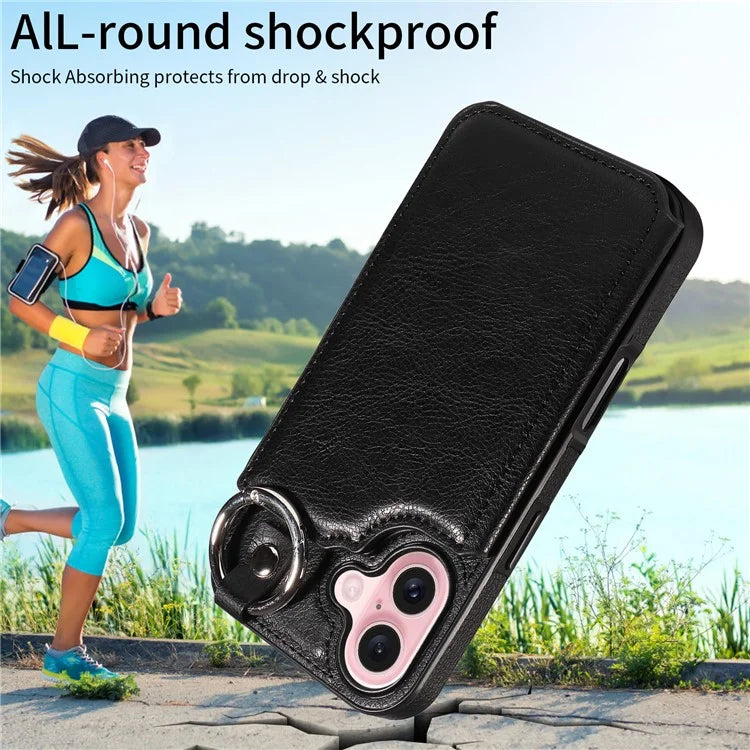 003 For iPhone 16 Case Card Slots Leather Phone Cover Double Magnetic Clasp, Ring Buckle
