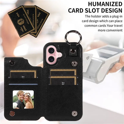 003 For iPhone 16 Case Card Slots Leather Phone Cover Double Magnetic Clasp, Ring Buckle