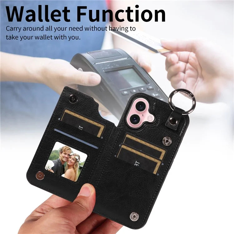003 For iPhone 16 Case Card Slots Leather Phone Cover Double Magnetic Clasp, Ring Buckle