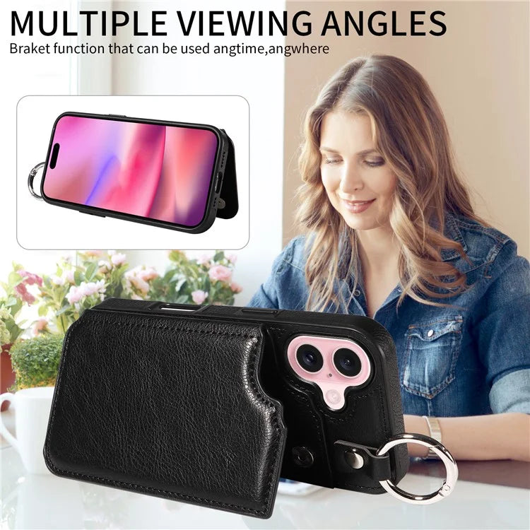 003 For iPhone 16 Case Card Slots Leather Phone Cover Double Magnetic Clasp, Ring Buckle