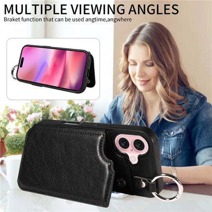 003 For iPhone 16 Case Card Slots Leather Phone Cover Double Magnetic Clasp, Ring Buckle