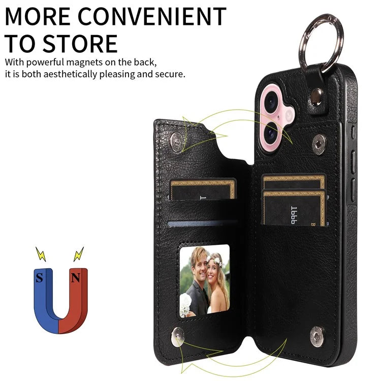 003 For iPhone 16 Case Card Slots Leather Phone Cover Double Magnetic Clasp, Ring Buckle