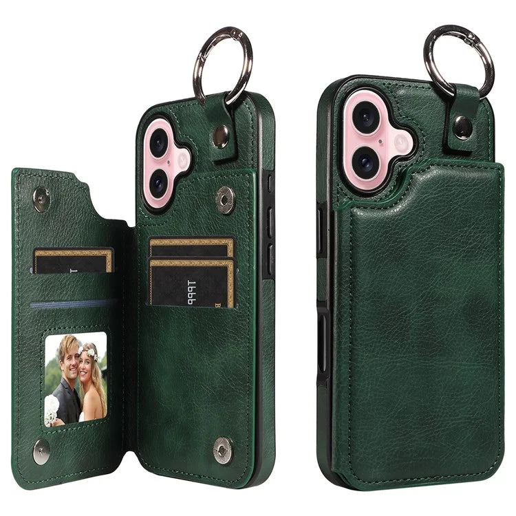 003 For iPhone 16 Case Card Slots Leather Phone Cover Double Magnetic Clasp, Ring Buckle