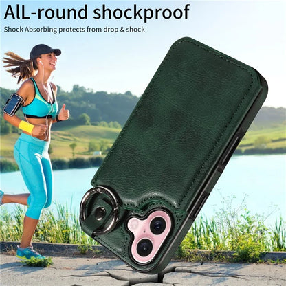 003 For iPhone 16 Case Card Slots Leather Phone Cover Double Magnetic Clasp, Ring Buckle