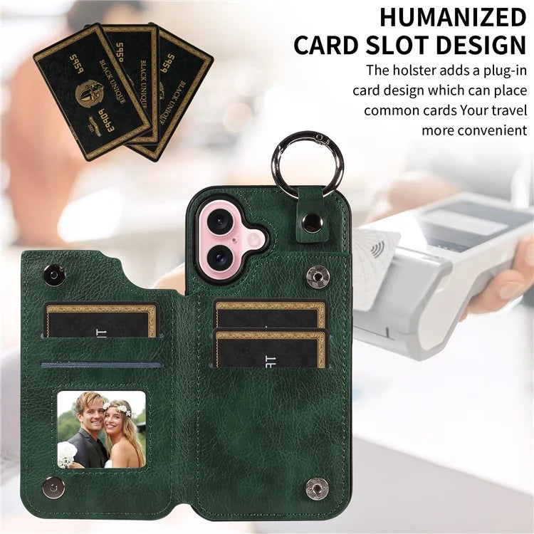 003 For iPhone 16 Case Card Slots Leather Phone Cover Double Magnetic Clasp, Ring Buckle