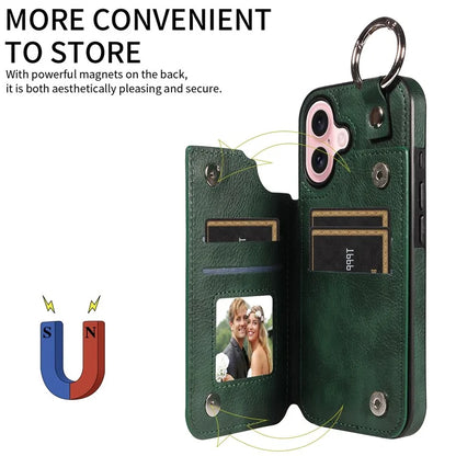 003 For iPhone 16 Case Card Slots Leather Phone Cover Double Magnetic Clasp, Ring Buckle