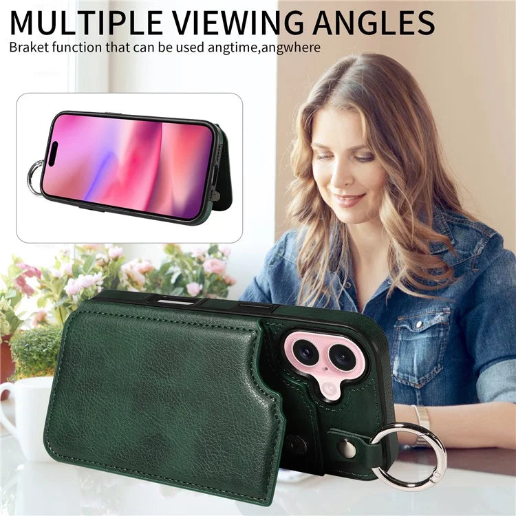 003 For iPhone 16 Case Card Slots Leather Phone Cover Double Magnetic Clasp, Ring Buckle