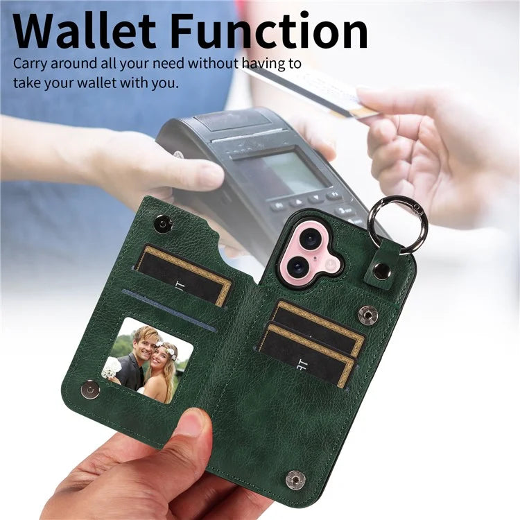 003 For iPhone 16 Case Card Slots Leather Phone Cover Double Magnetic Clasp, Ring Buckle