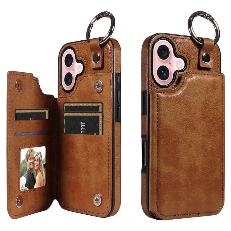 003 For iPhone 16 Case Card Slots Leather Phone Cover Double Magnetic Clasp, Ring Buckle