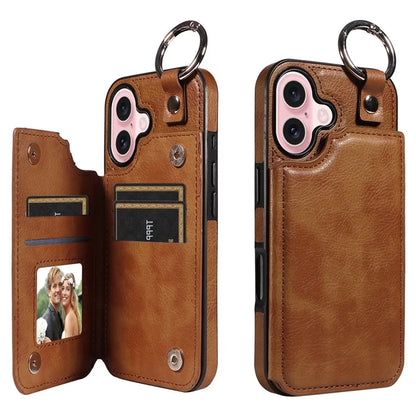 003 For iPhone 16 Case Card Slots Leather Phone Cover Double Magnetic Clasp, Ring Buckle