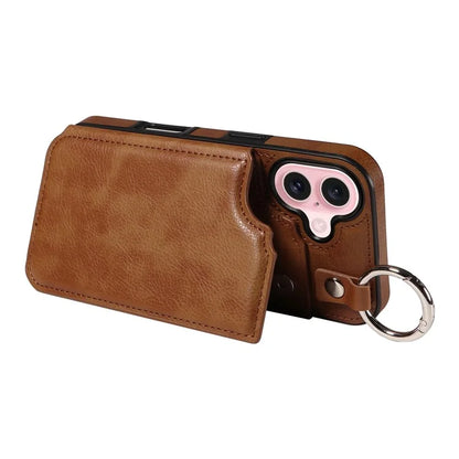 003 For iPhone 16 Case Card Slots Leather Phone Cover Double Magnetic Clasp, Ring Buckle