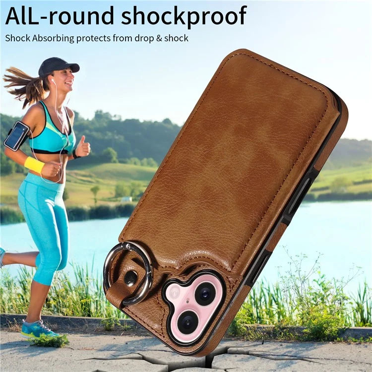 003 For iPhone 16 Case Card Slots Leather Phone Cover Double Magnetic Clasp, Ring Buckle