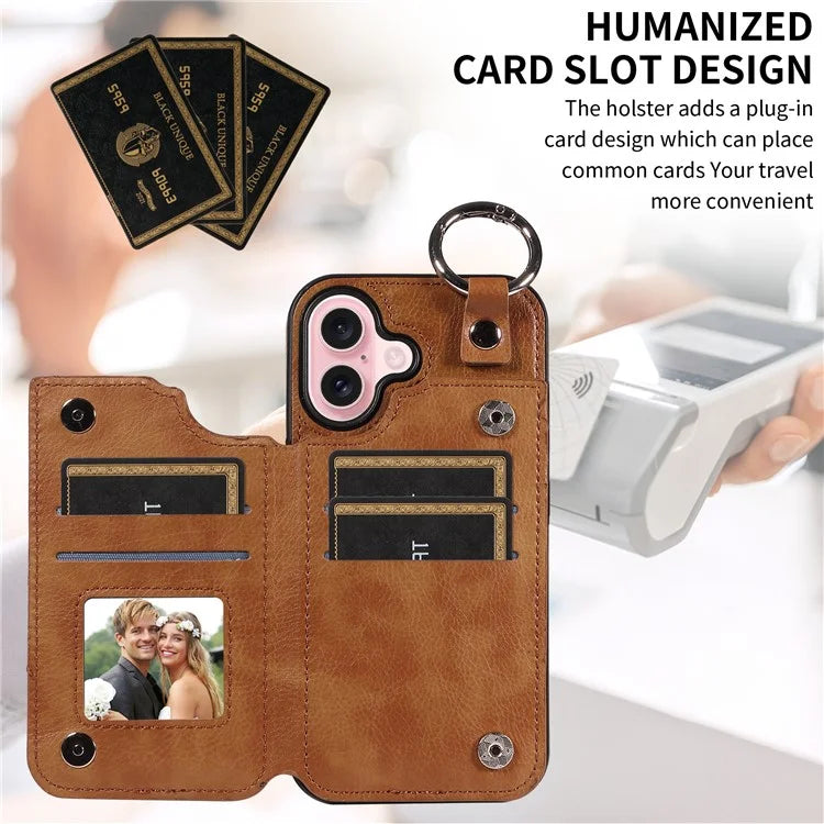 003 For iPhone 16 Case Card Slots Leather Phone Cover Double Magnetic Clasp, Ring Buckle