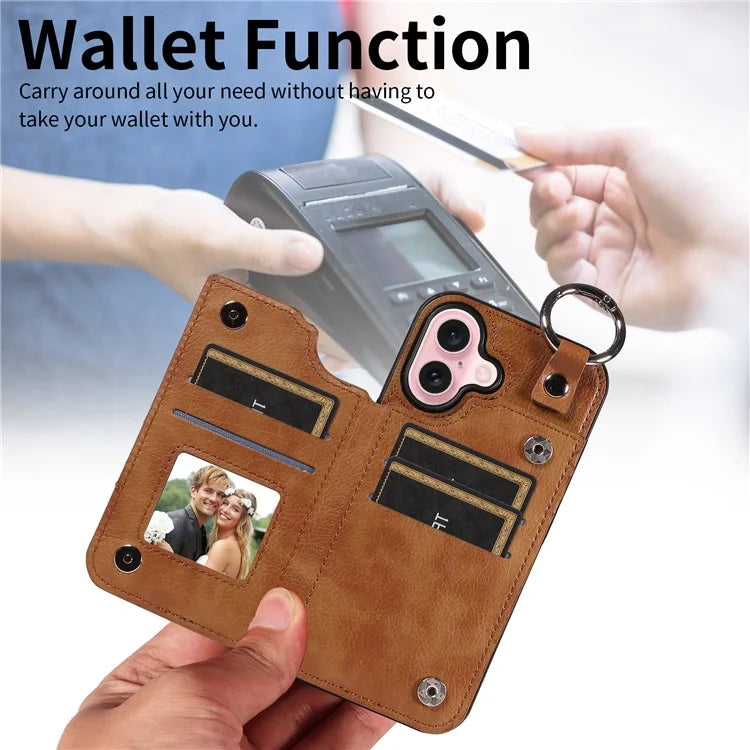 003 For iPhone 16 Case Card Slots Leather Phone Cover Double Magnetic Clasp, Ring Buckle