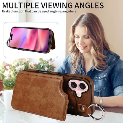 003 For iPhone 16 Case Card Slots Leather Phone Cover Double Magnetic Clasp, Ring Buckle