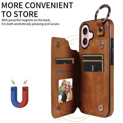 003 For iPhone 16 Case Card Slots Leather Phone Cover Double Magnetic Clasp, Ring Buckle