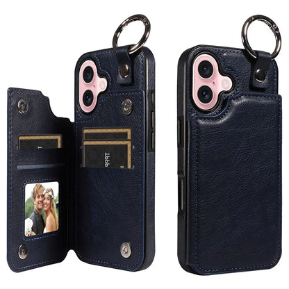 003 For iPhone 16 Case Card Slots Leather Phone Cover Double Magnetic Clasp, Ring Buckle