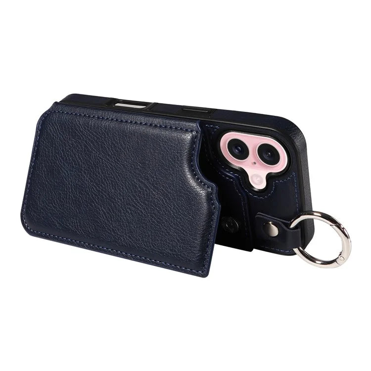 003 For iPhone 16 Case Card Slots Leather Phone Cover Double Magnetic Clasp, Ring Buckle