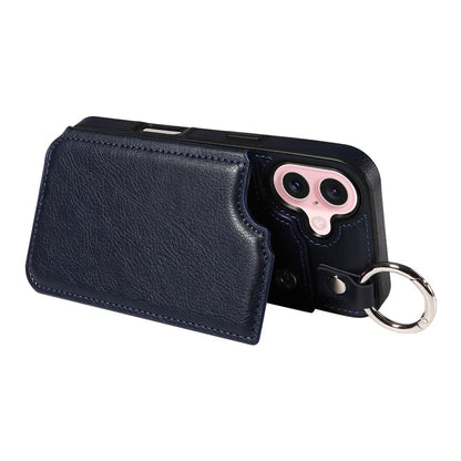 003 For iPhone 16 Case Card Slots Leather Phone Cover Double Magnetic Clasp, Ring Buckle