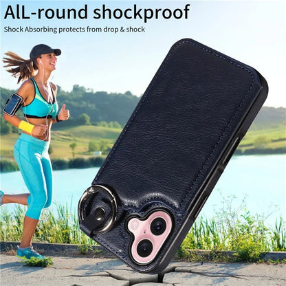 003 For iPhone 16 Case Card Slots Leather Phone Cover Double Magnetic Clasp, Ring Buckle