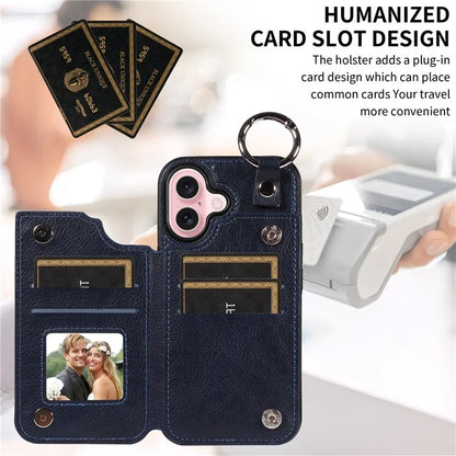 003 For iPhone 16 Case Card Slots Leather Phone Cover Double Magnetic Clasp, Ring Buckle