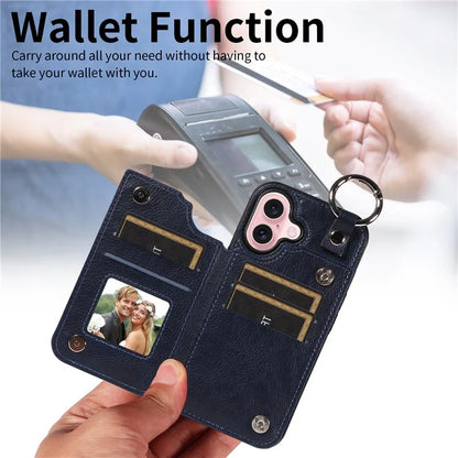 003 For iPhone 16 Case Card Slots Leather Phone Cover Double Magnetic Clasp, Ring Buckle