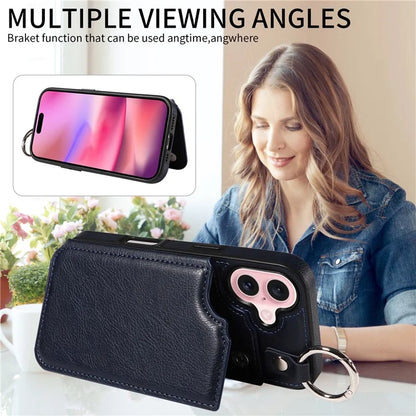 003 For iPhone 16 Case Card Slots Leather Phone Cover Double Magnetic Clasp, Ring Buckle