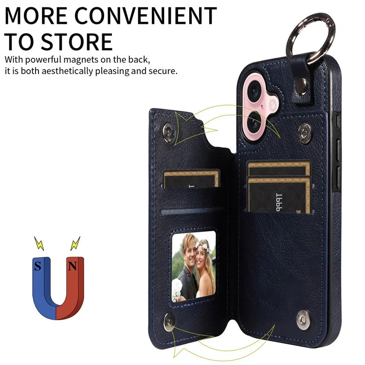 003 For iPhone 16 Case Card Slots Leather Phone Cover Double Magnetic Clasp, Ring Buckle
