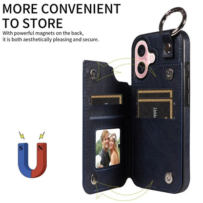 003 For iPhone 16 Case Card Slots Leather Phone Cover Double Magnetic Clasp, Ring Buckle