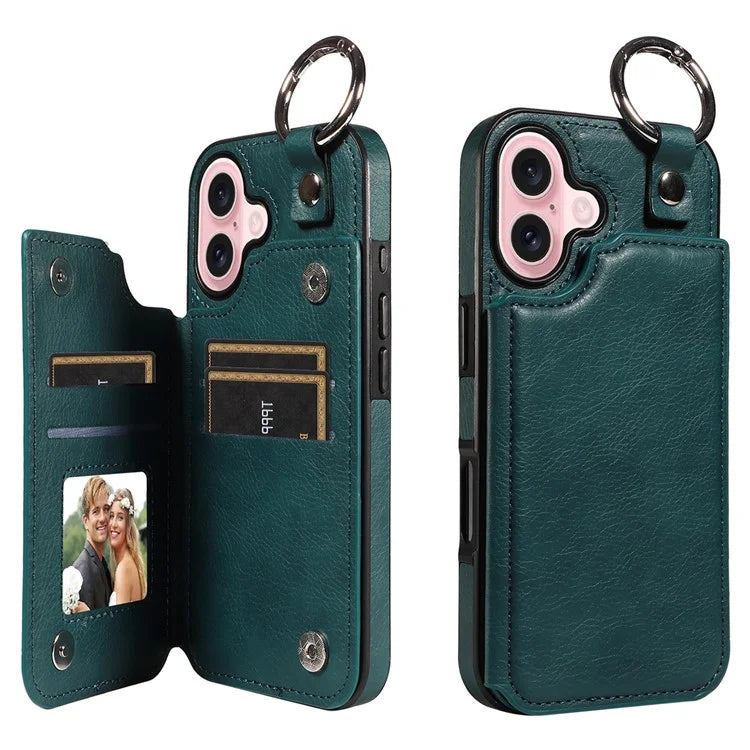 003 For iPhone 16 Case Card Slots Leather Phone Cover Double Magnetic Clasp, Ring Buckle