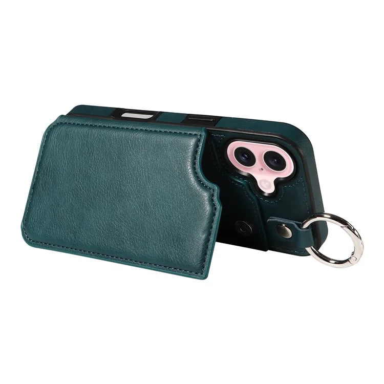 003 For iPhone 16 Case Card Slots Leather Phone Cover Double Magnetic Clasp, Ring Buckle