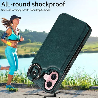 003 For iPhone 16 Case Card Slots Leather Phone Cover Double Magnetic Clasp, Ring Buckle